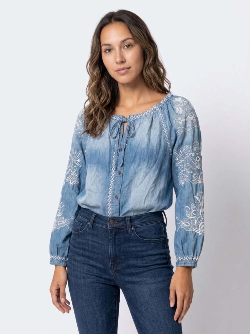 Vintage America Blues Embroidered Denim Button-Front Long Sleeve Blouse